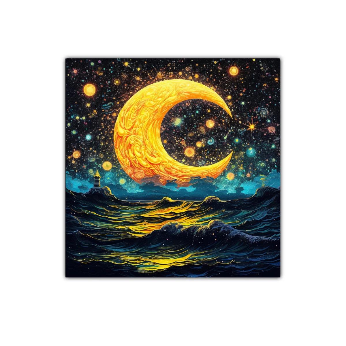 Luna dorada sobre océano estrellado en noche mágica — miniatura 1
