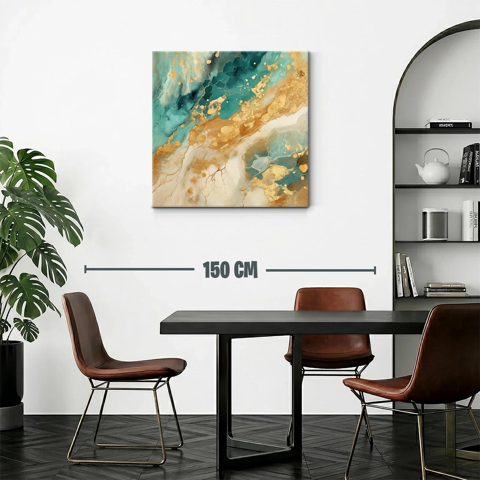 Cuadro abstracto con detalles dorados y tonos turquesa — miniatura 2