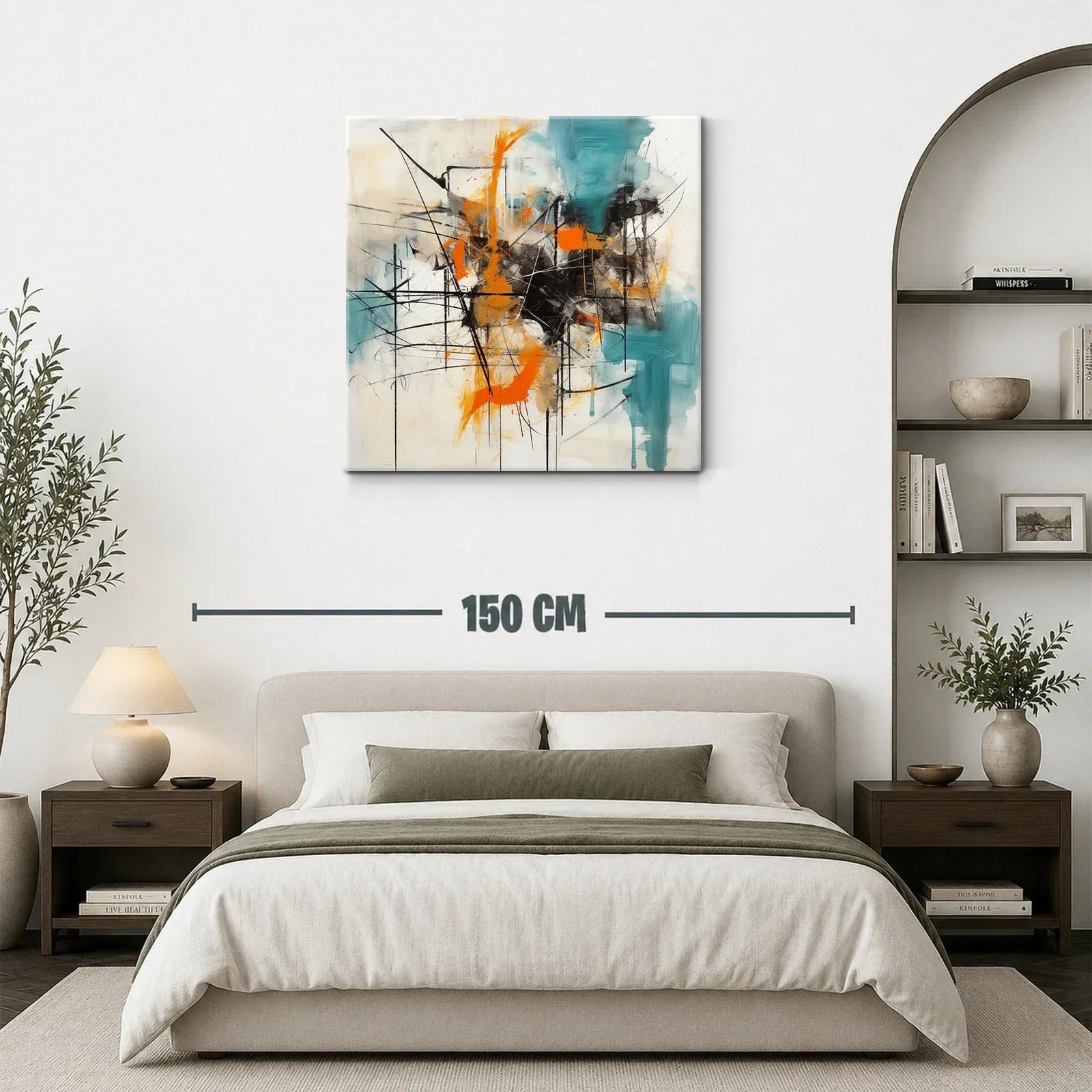 Cuadro abstracto con trazos en naranja y turquesa vibrante — miniatura 3