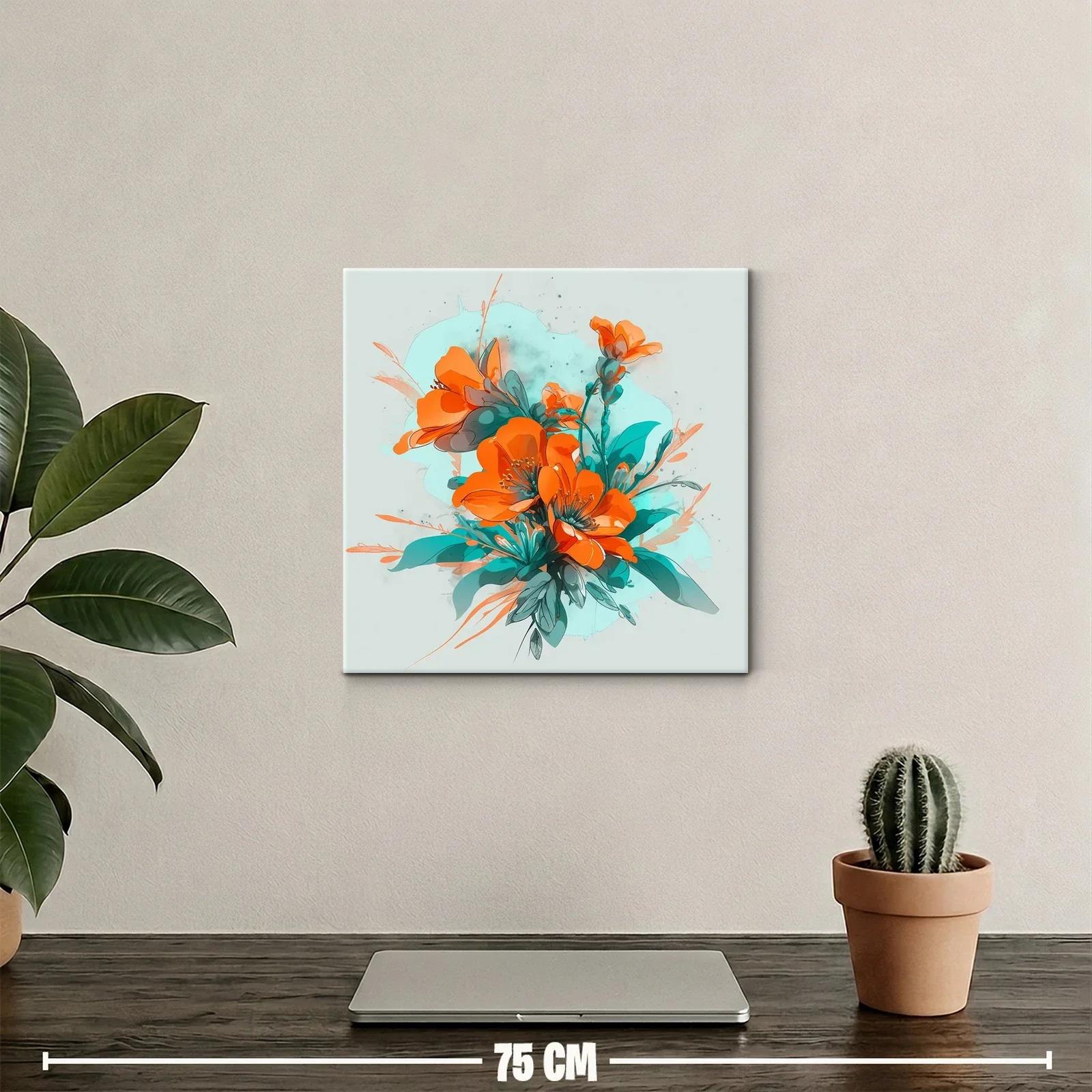Cuadro floral con vibrante combinación de naranjas y turquesas — miniatura 2