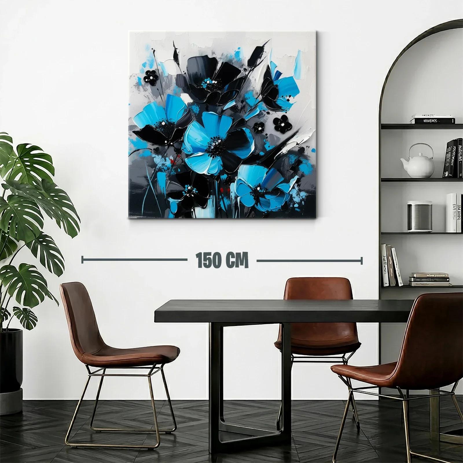 Cuadro floral moderno en tonos azul y negro vibrante — miniatura 2