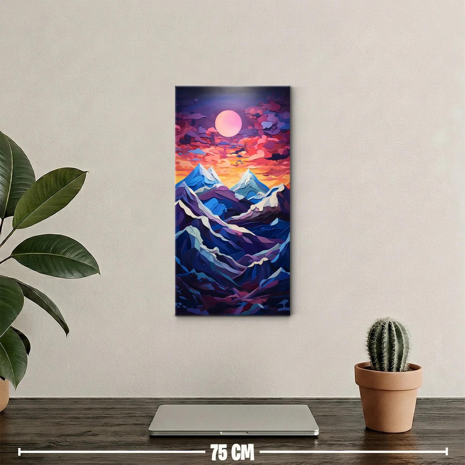 Cuadro montañas nevadas con cielo rosa y disco rosado — miniatura 2