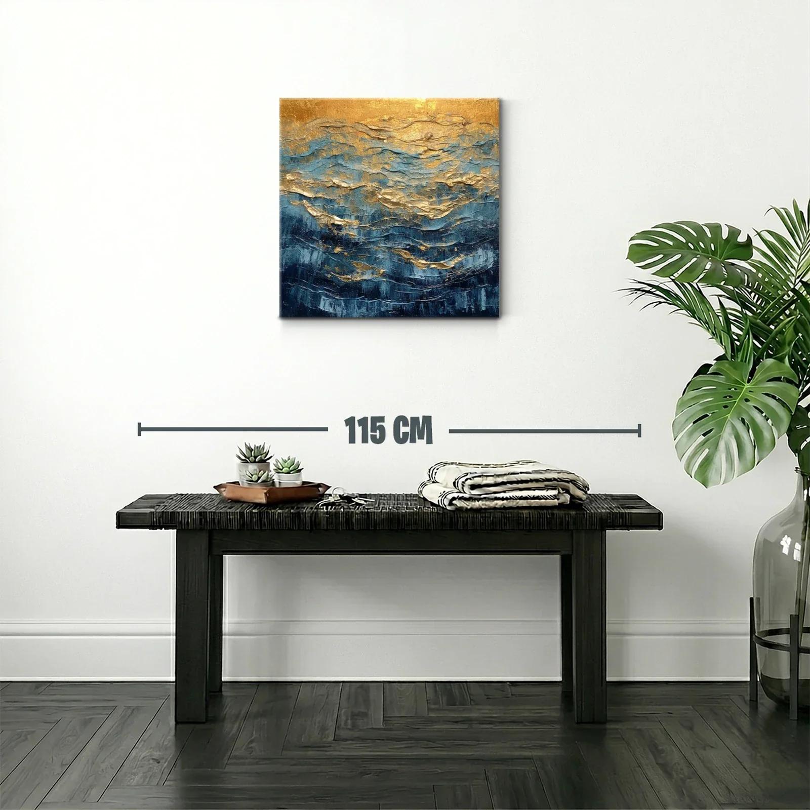 Cuadro abstracto con tonos dorados y azules vibrantes — miniatura 2