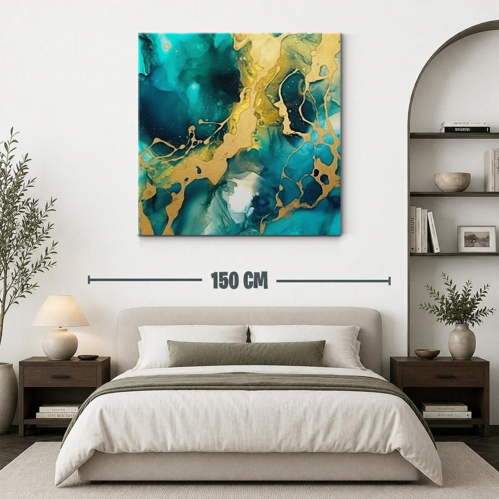 Cuadro abstracto con tonos turquesa y dorados vibrantes — miniatura 3