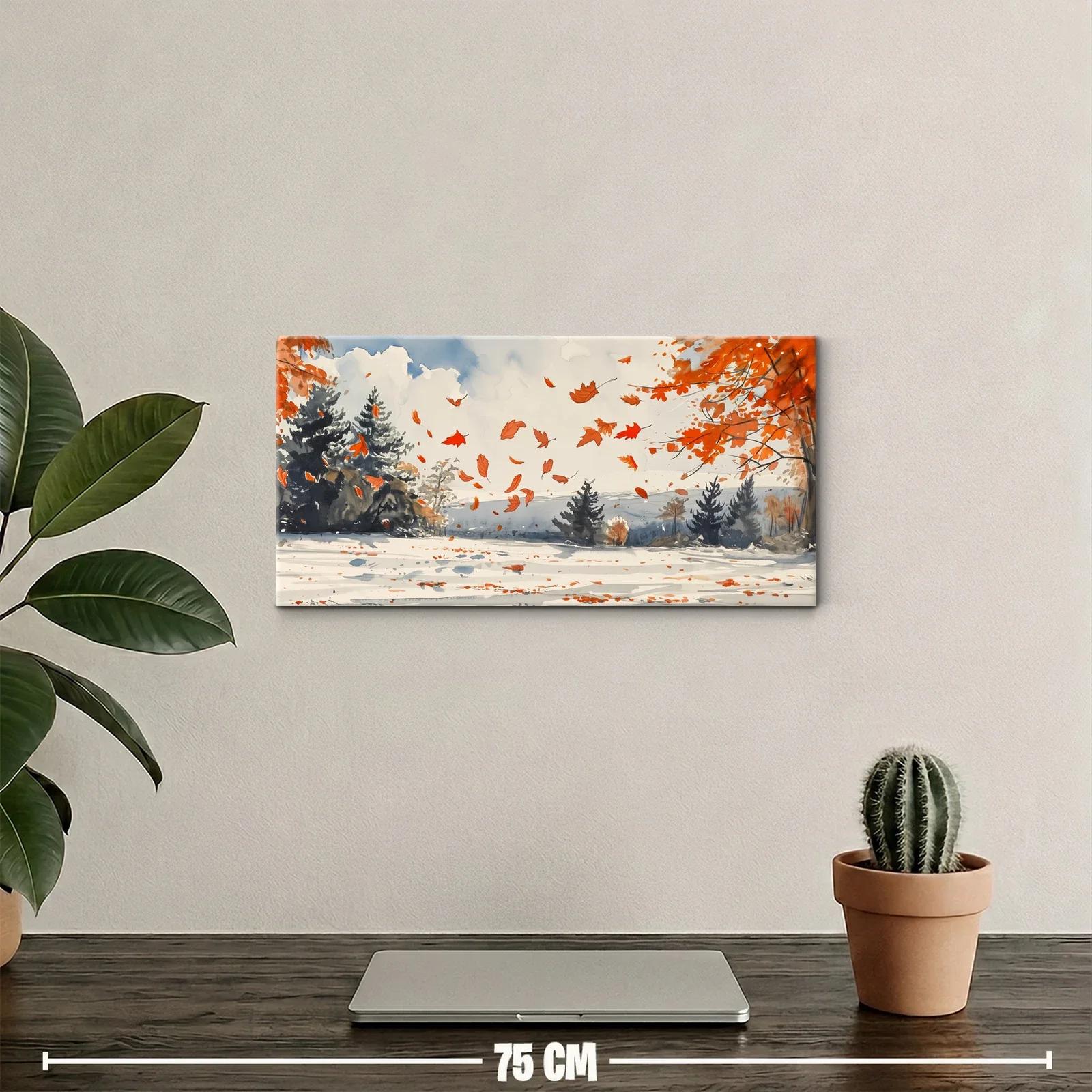 Cuadro paisaje otoñal con hojas volando y nieve — miniatura 2