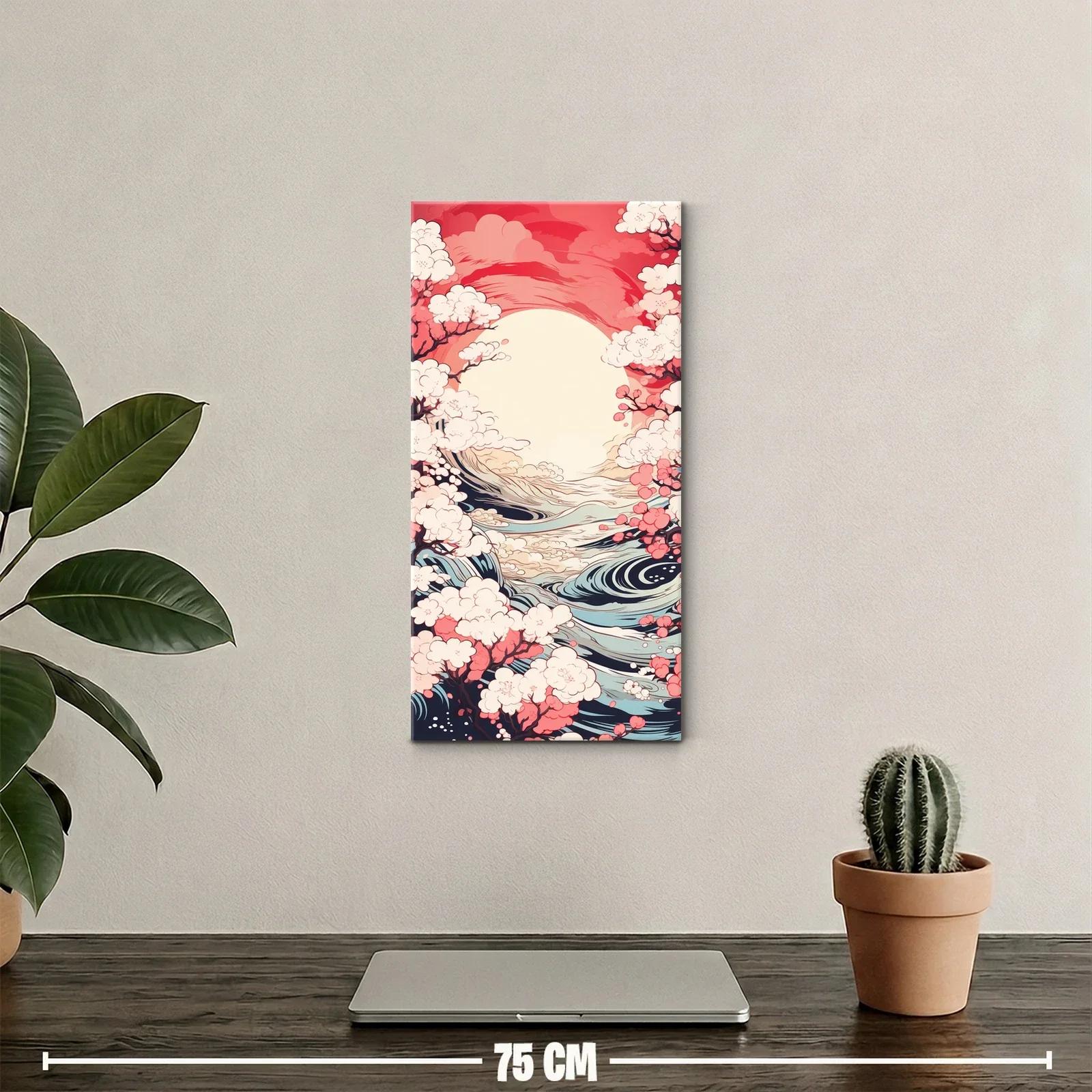 Cuadro paisaje marino con flores de cerezo y sol claro — miniatura 2