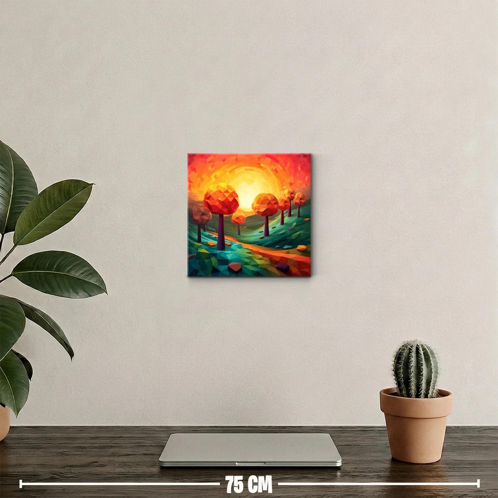 Paisaje geométrico con árboles naranjas al atardecer — miniatura 2