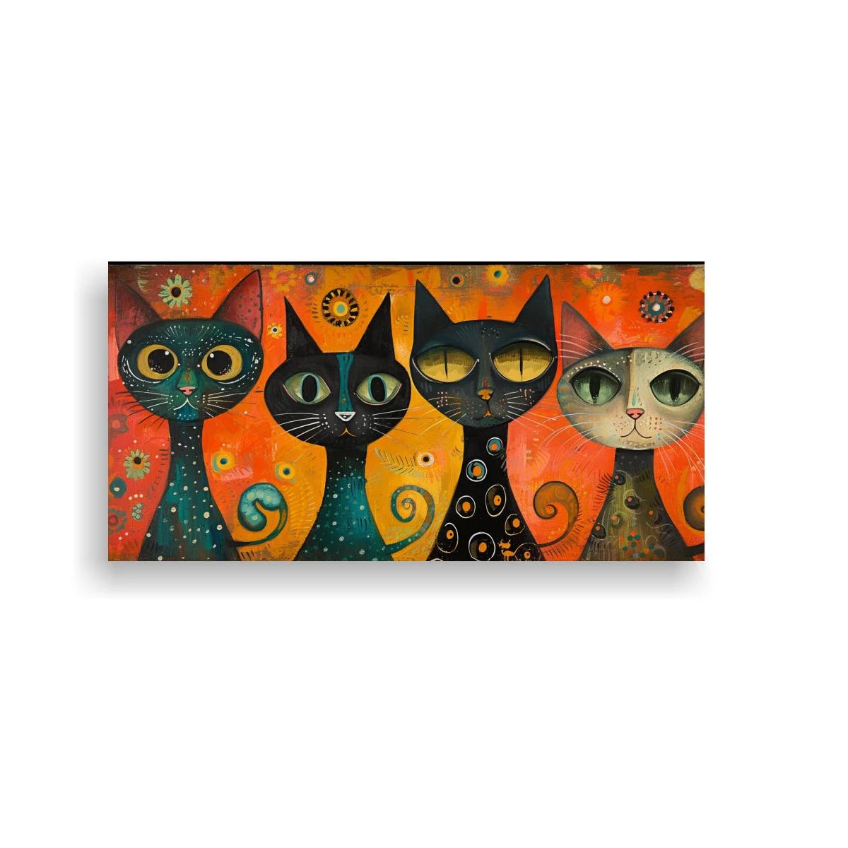 Cuadro cuatro gatos con flores y espirales — imagen principal