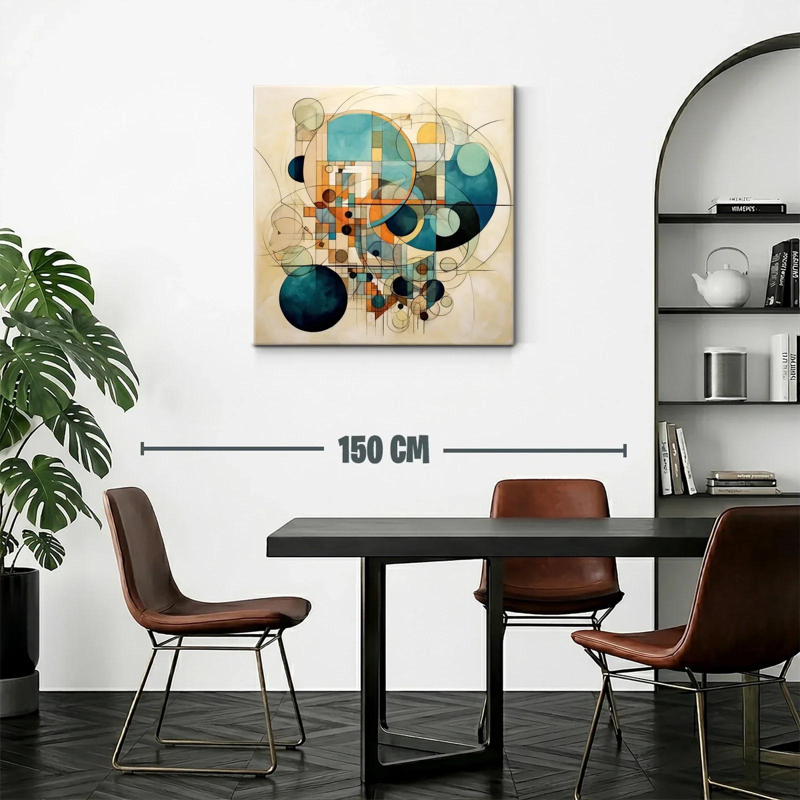 Cuadro abstracto de círculos geométricos en tonos azules y ocres — miniatura 2