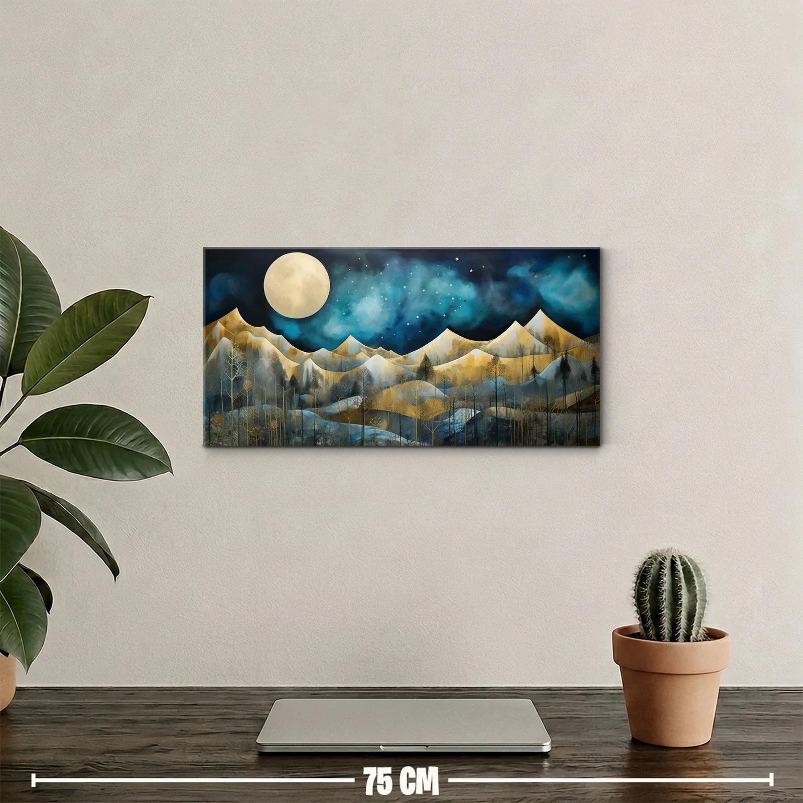 Cuadro paisaje de montañas con luna llena y árboles verticales — miniatura 2