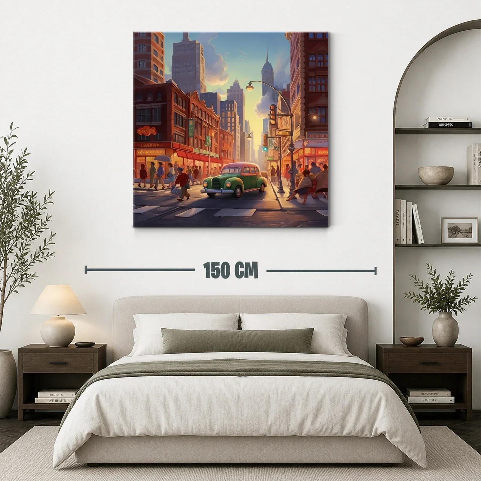 Atardecer urbano con coche clásico en calle concurrida — miniatura 3