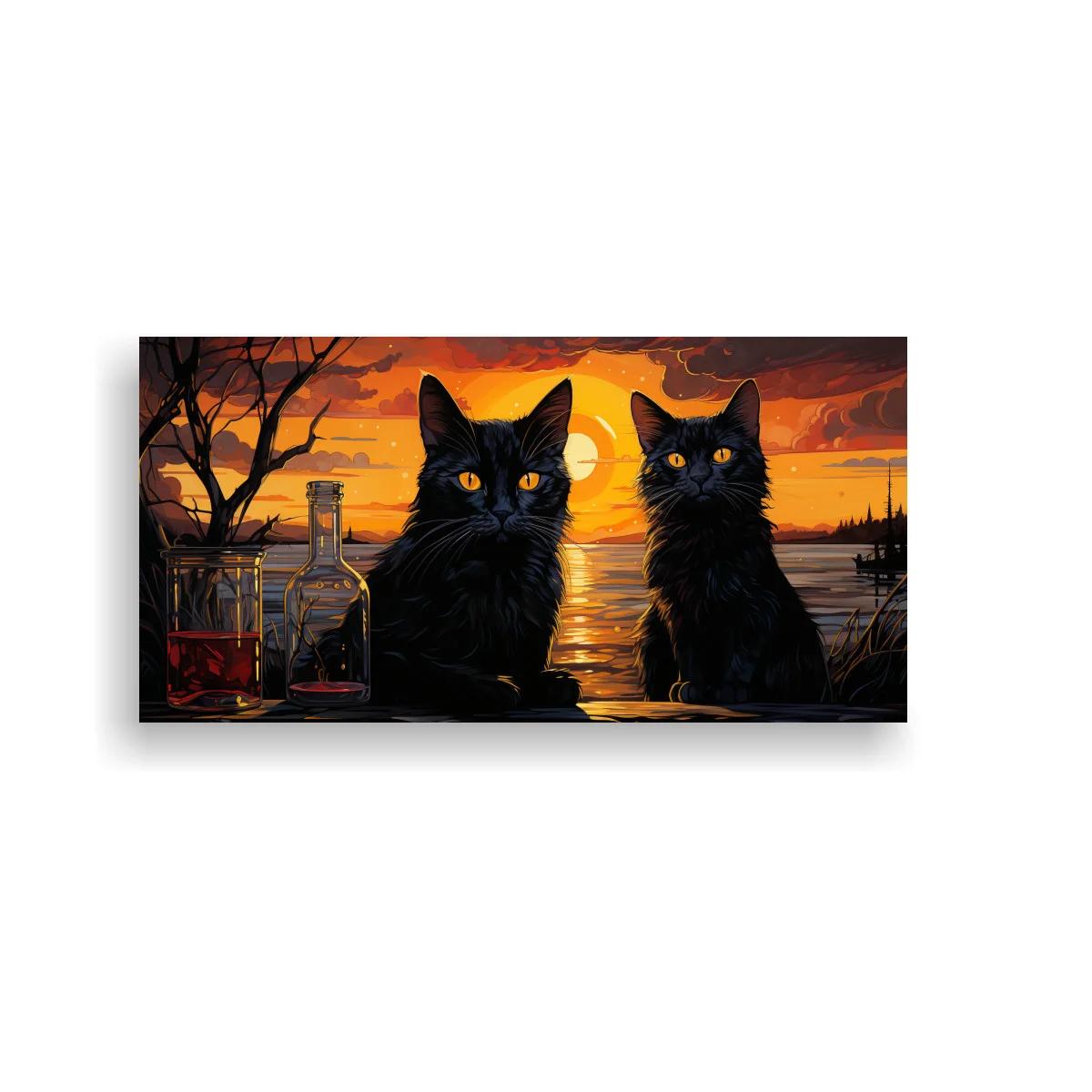 Cuadro dos gatos negros y botellas de vidrio al atardecer — imagen principal