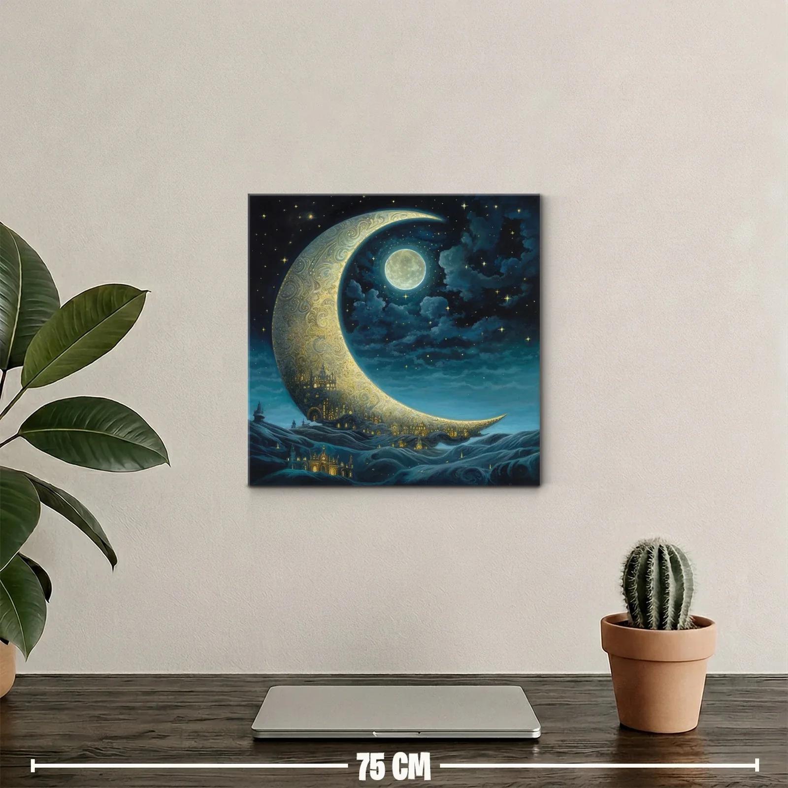 Paisaje nocturno con luna creciente y ciudad dorada — miniatura 2