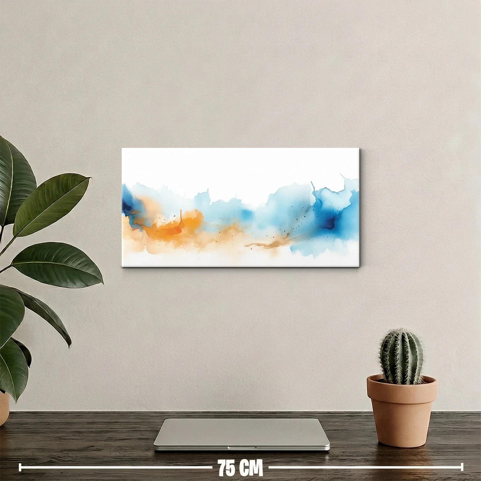 Cuadro mancha abstracta en acuarela con franja azul y coral — miniatura 2