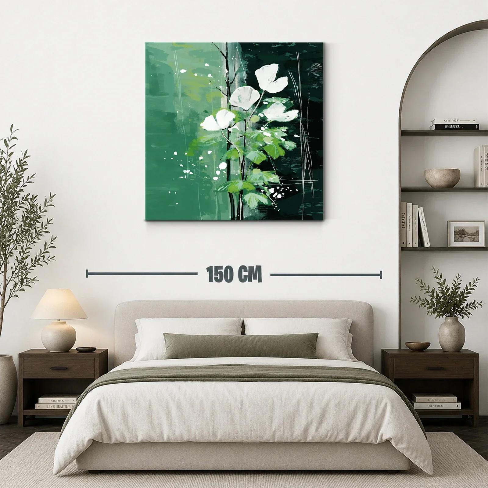 Flores blancas sobre fondo verde con toques abstractos — miniatura 3