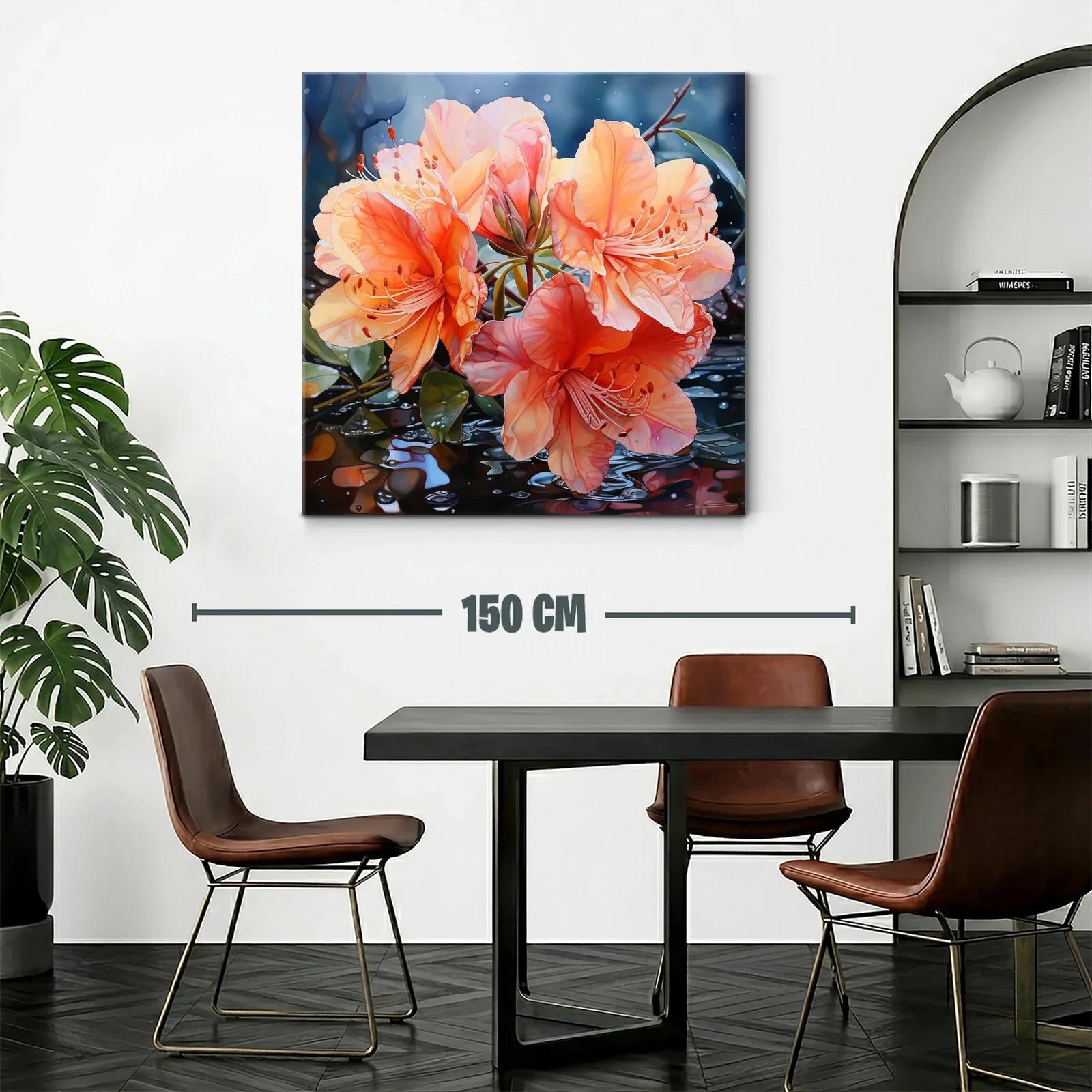 Cuadro vibrante con flores naranjas y reflejos acuáticos — miniatura 2