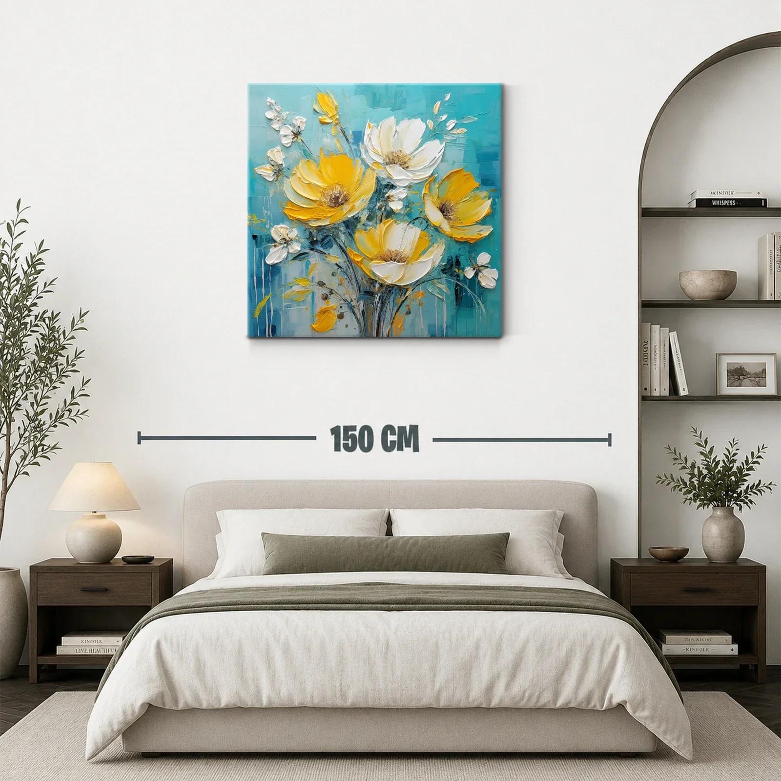 Ramo vibrante de flores amarillas y blancas sobre fondo azul — miniatura 3