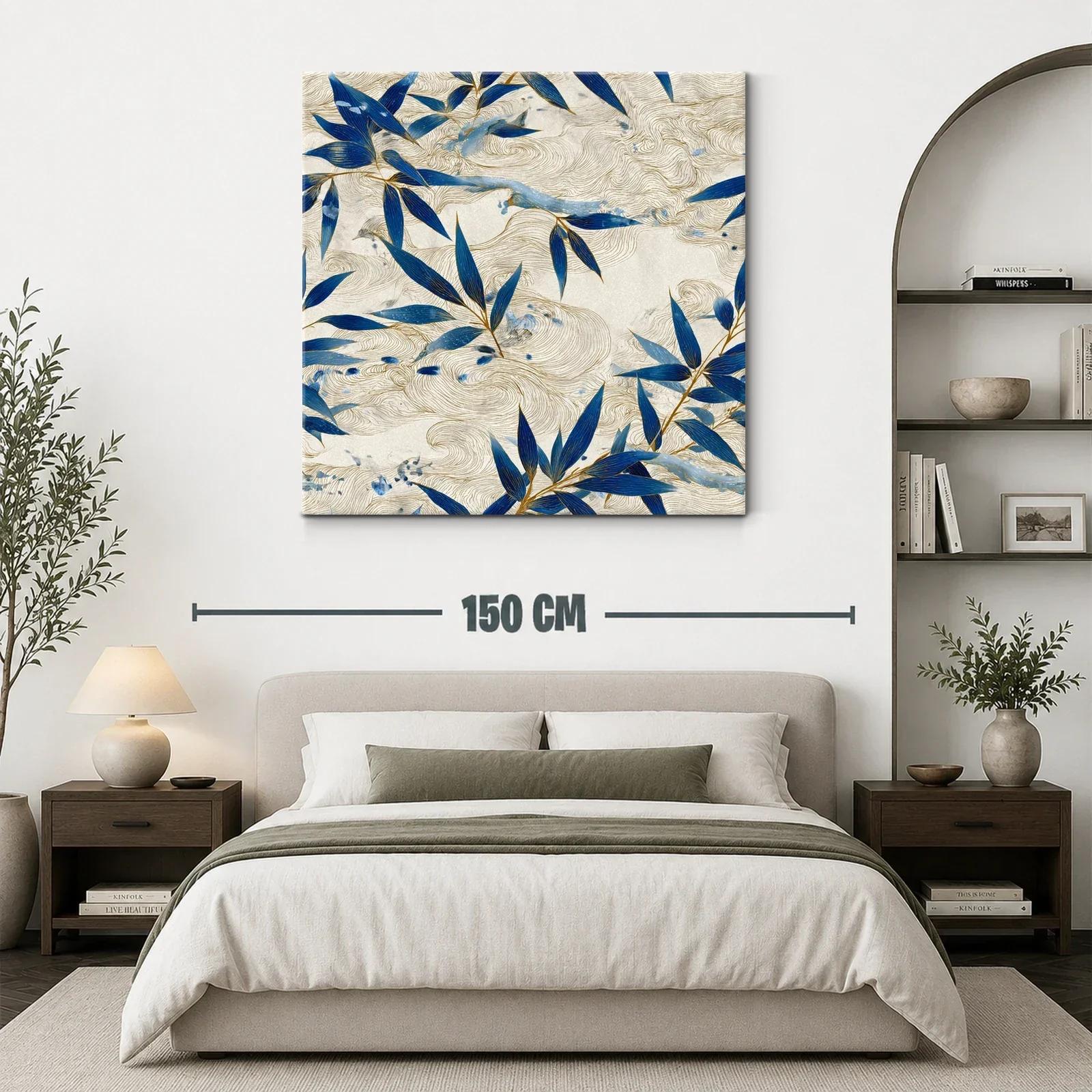 Cuadro con hojas azules y trazos dorados sobre fondo beige — miniatura 3