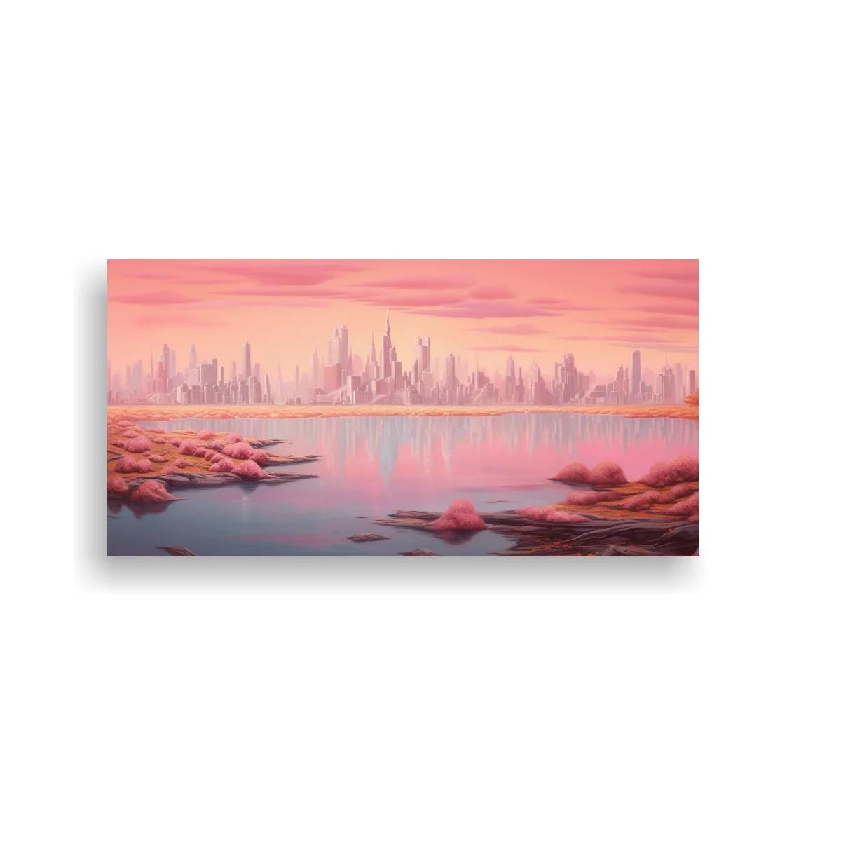 Cuadro paisaje urbano futurista con lago y cielo rosado — imagen principal