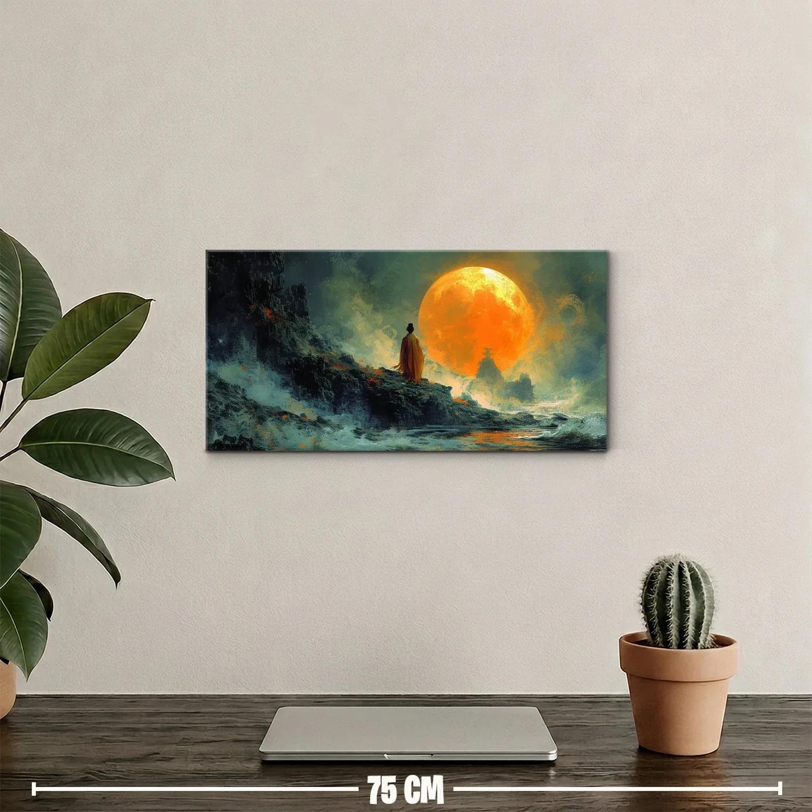 Cuadro luna llena naranja sobre paisaje rocoso con figura solitaria — miniatura 2