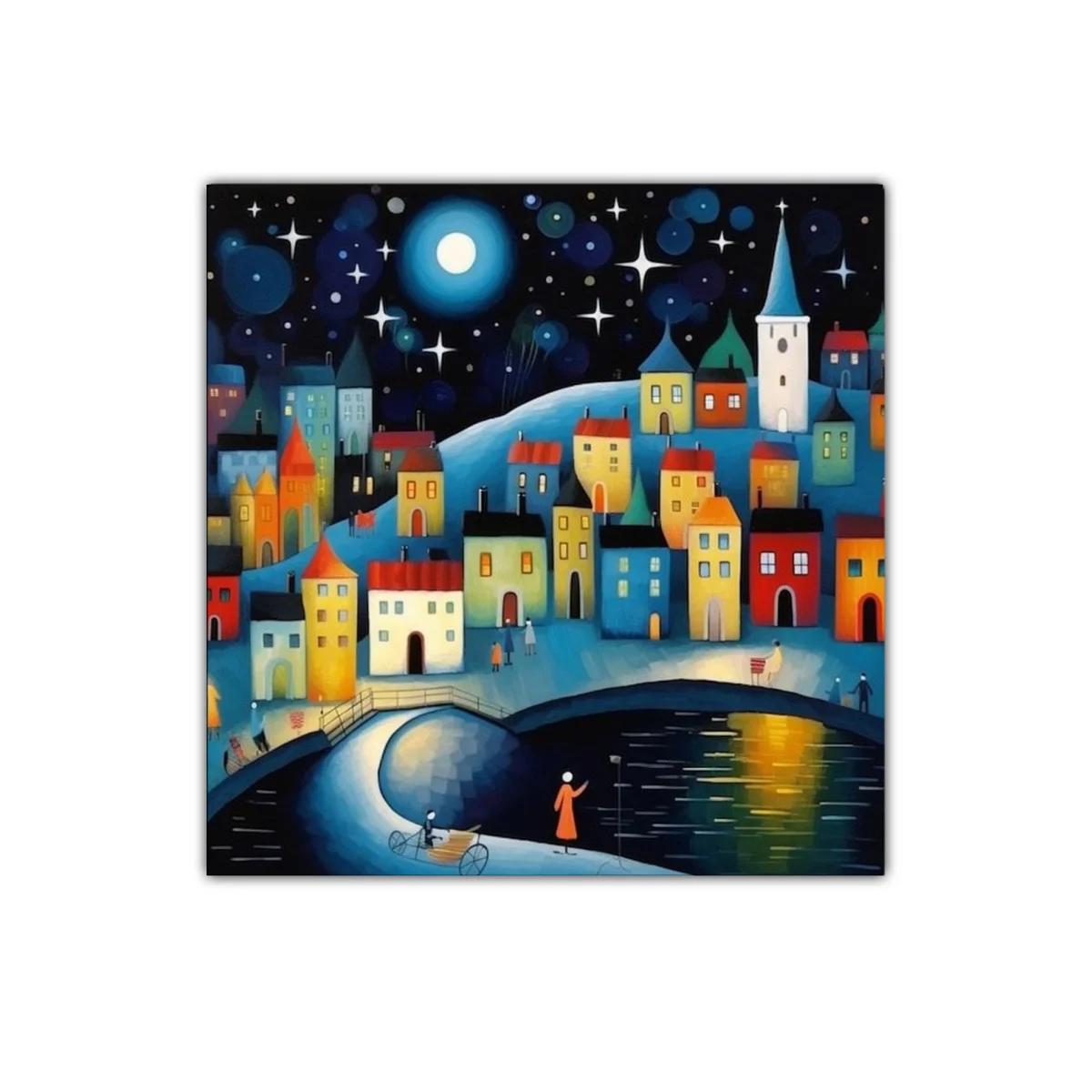 Pueblo iluminado bajo un cielo estrellado con luna llena — miniatura 1