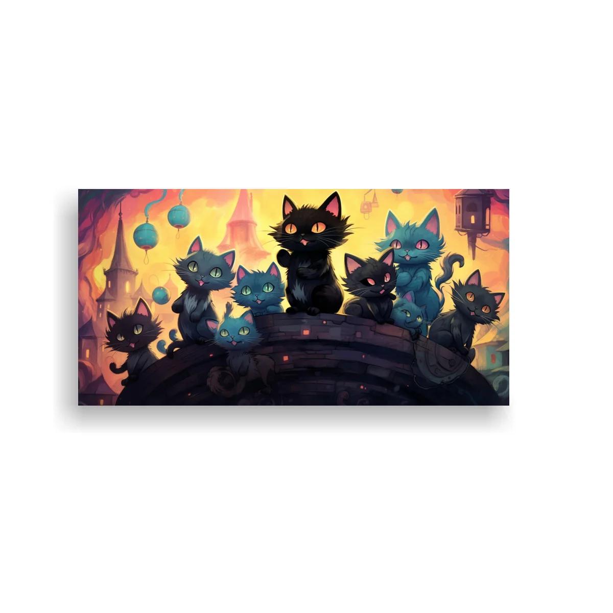 Cuadro grupo de gatos negros y azules con esferas colgantes — imagen principal