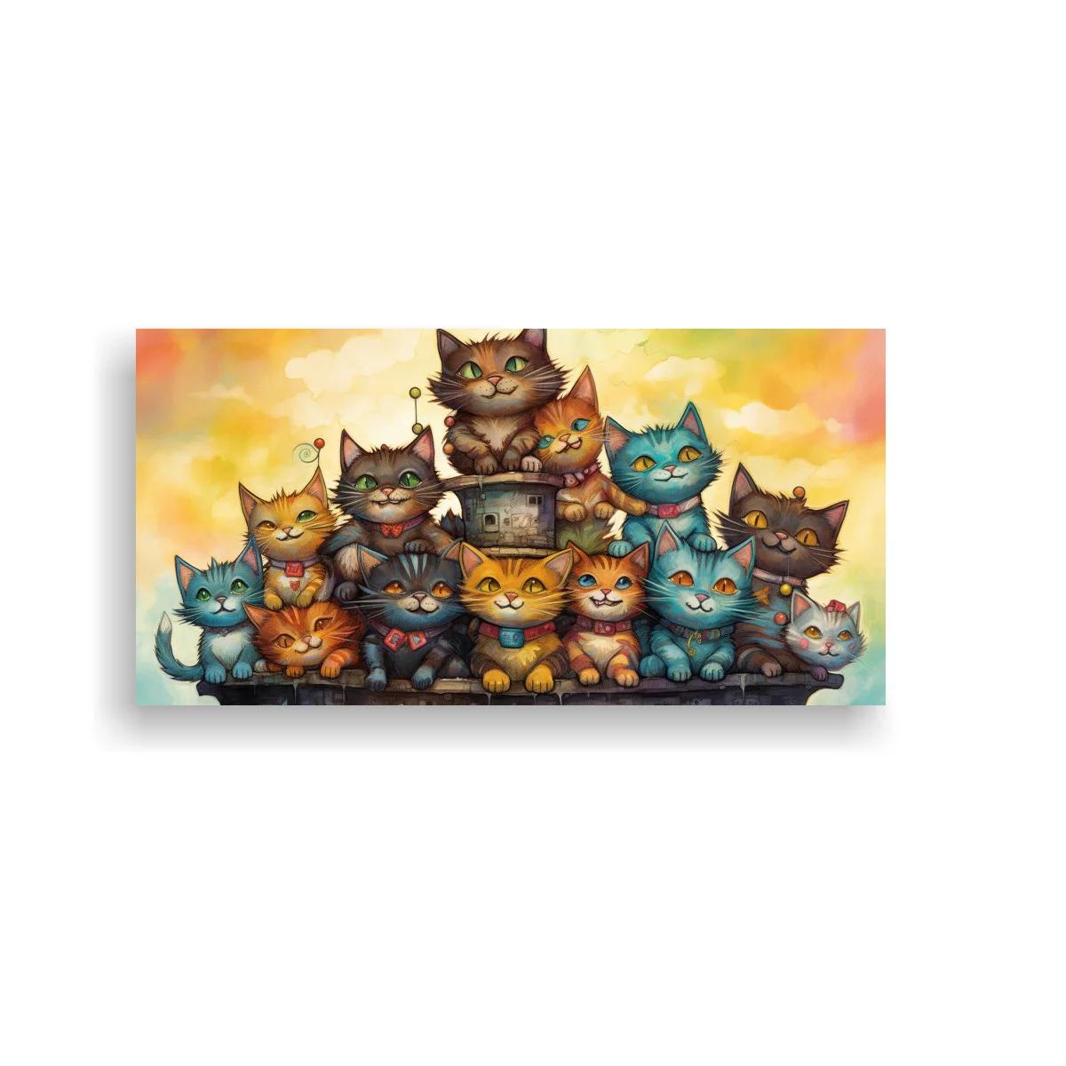 Cuadro grupo de gatos en escena compacta y simétrica — imagen principal