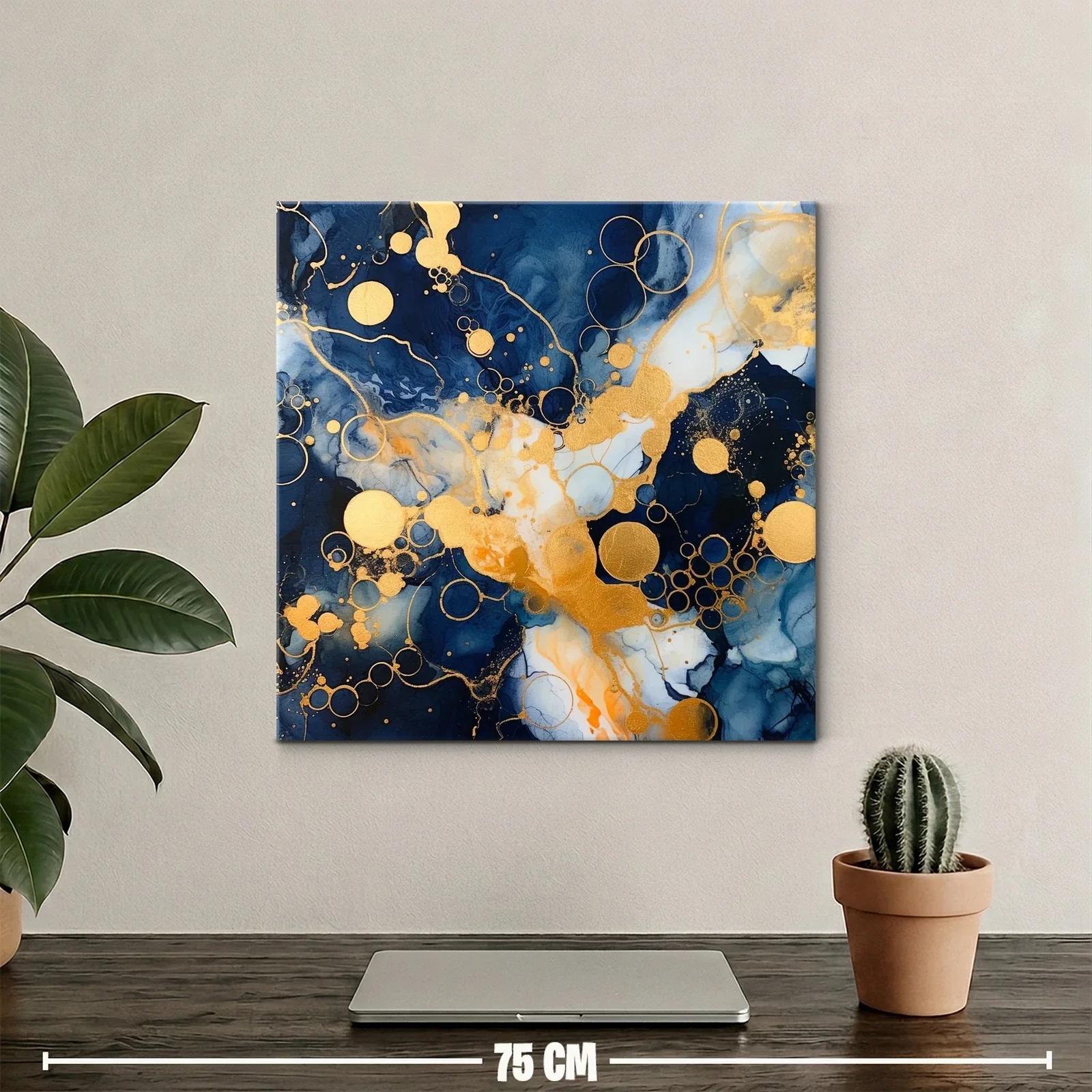 Cuadro abstracto con círculos dorados y tonos azul profundo — miniatura 2