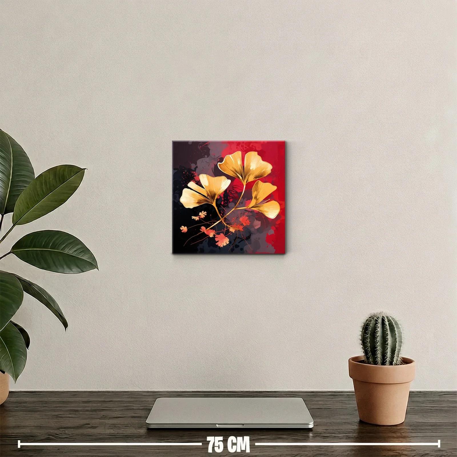 Cuadro de hojas doradas sobre fondo rojo y negro vibrante — miniatura 2