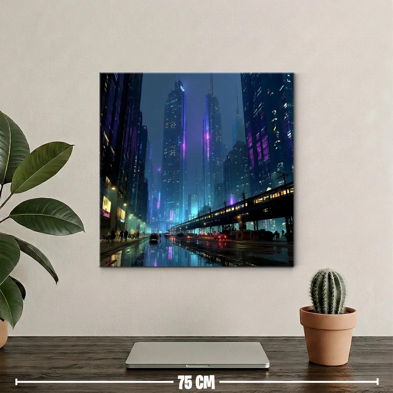 Ciudad nocturna futurista con luces de neón y reflejos urbanos — miniatura 2