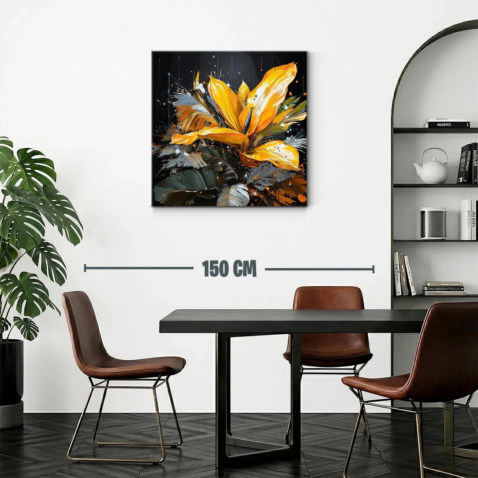 Cuadro vibrante con flor amarilla y hojas en tonos oscuros — miniatura 2