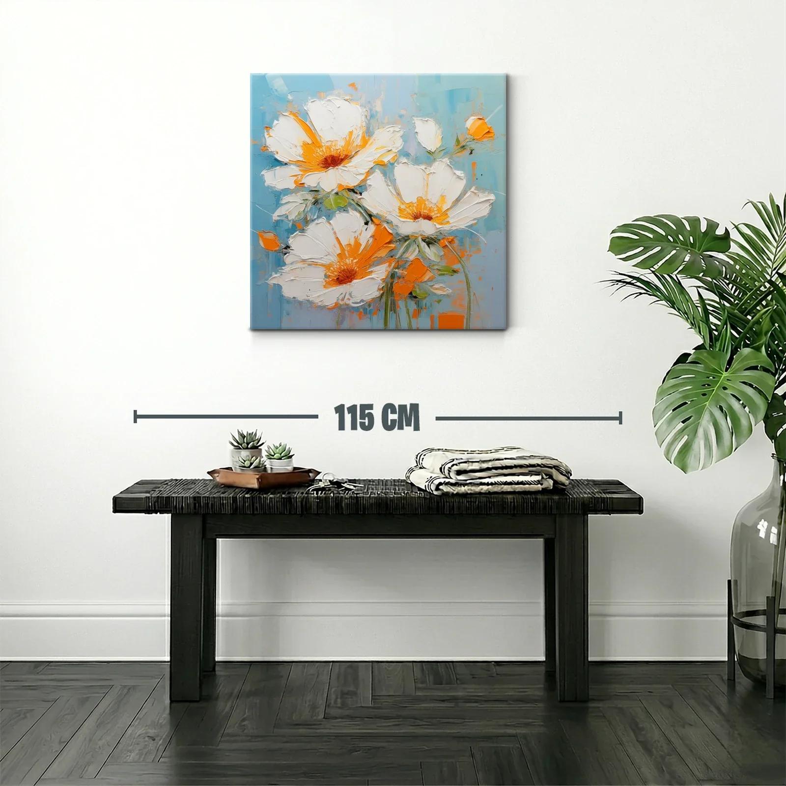 Cuadro con flores blancas y detalles naranjas sobre fondo azul — miniatura 2