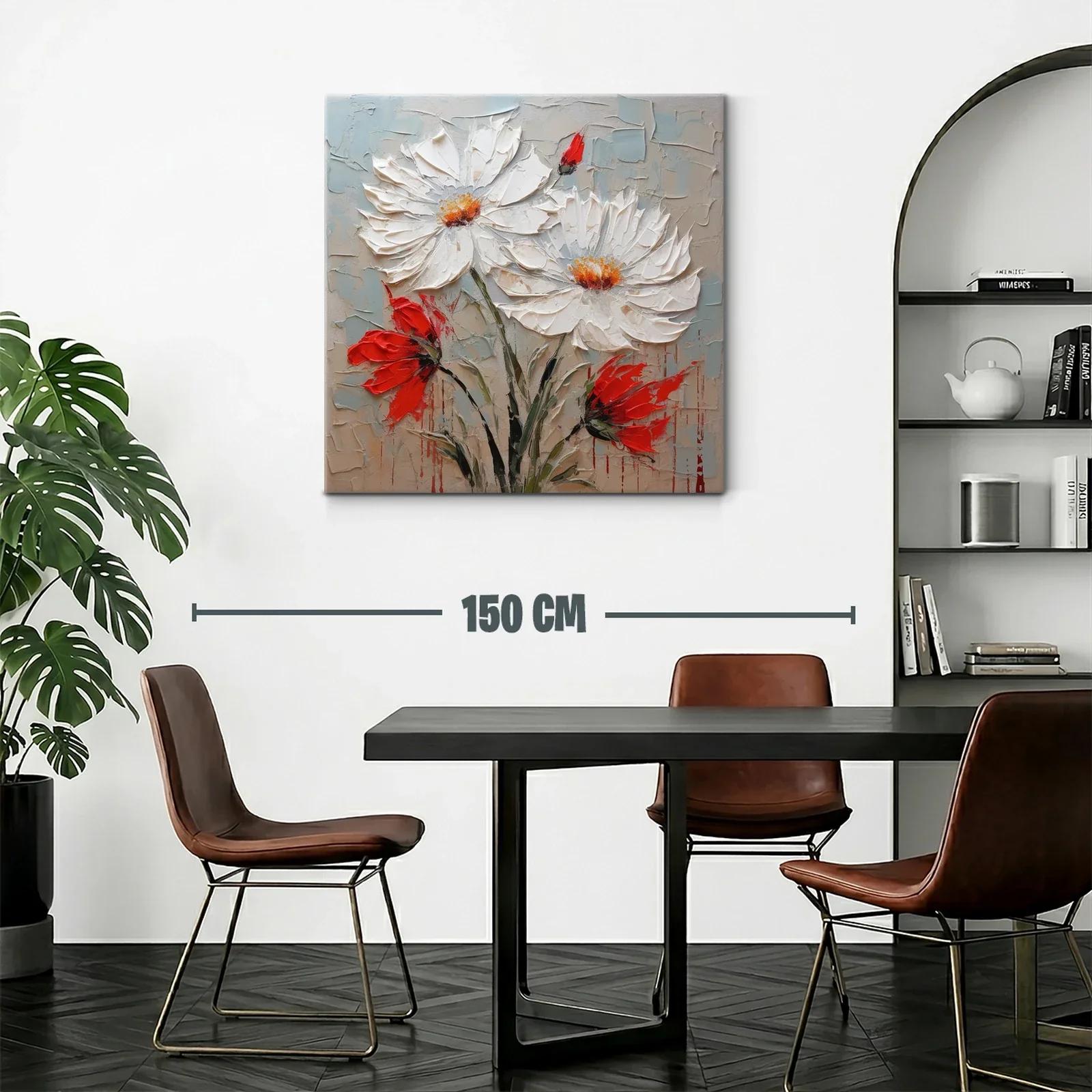 Cuadro floral en relieve con margaritas blancas y acentos rojos — miniatura 2