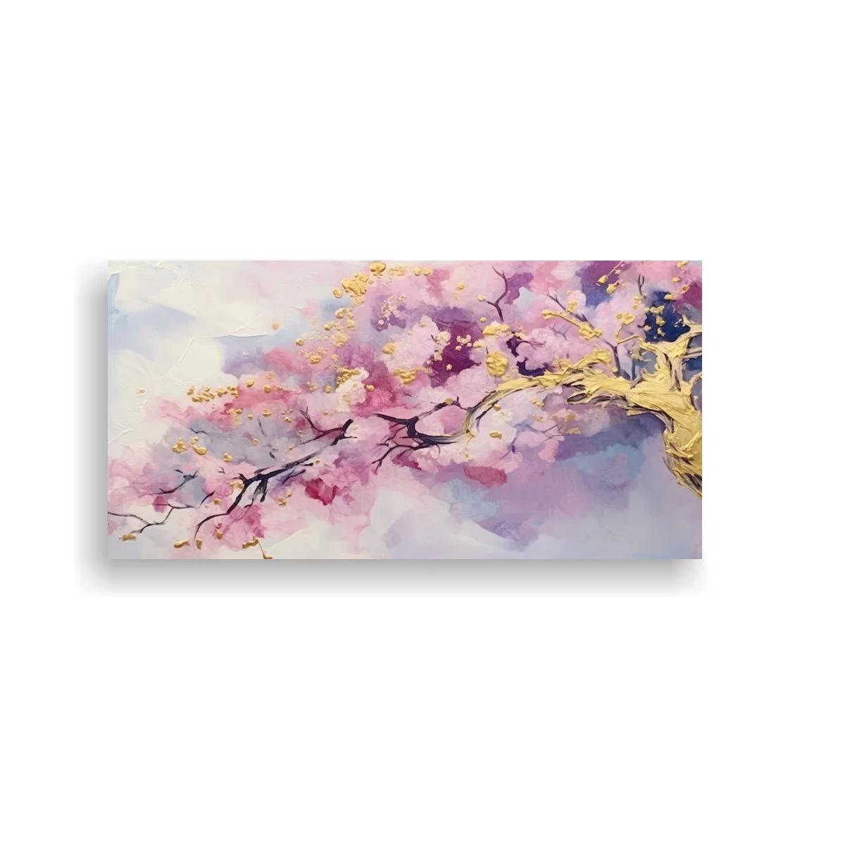 Cuadro rama de cerezo en flor con tronco dorado retorcido