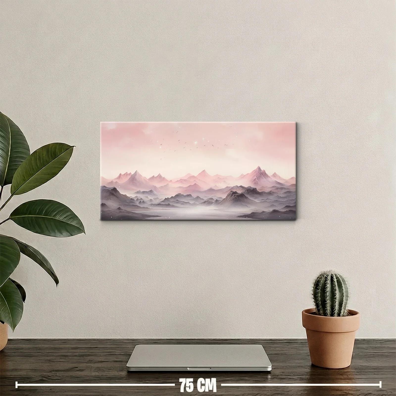 Cuadro cordillera de montañas en bruma con cielo rosado — miniatura 2