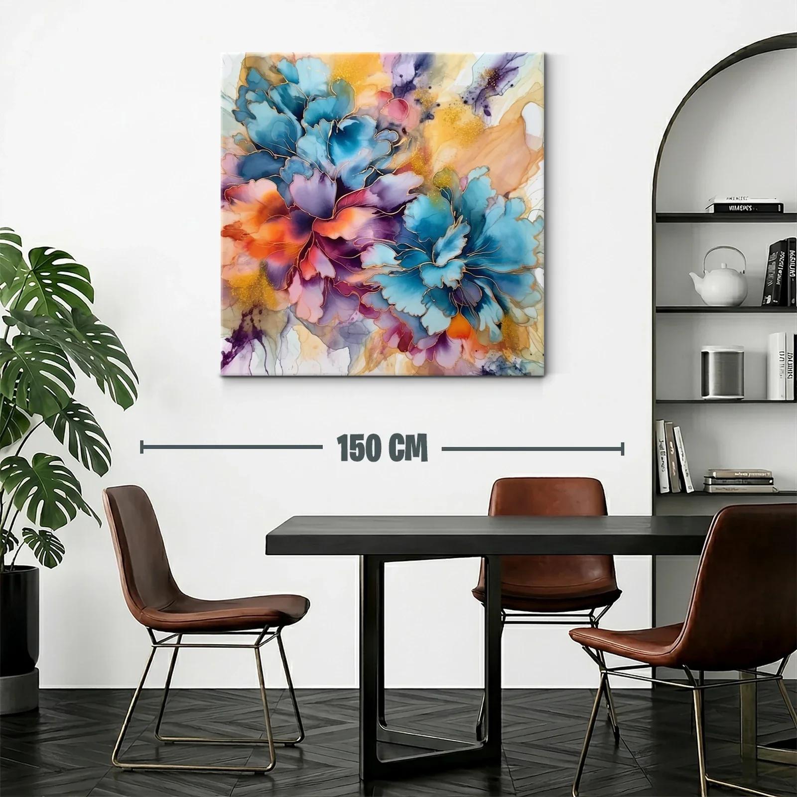 Cuadro floral vibrante con tonos azul y naranja intensos — miniatura 2
