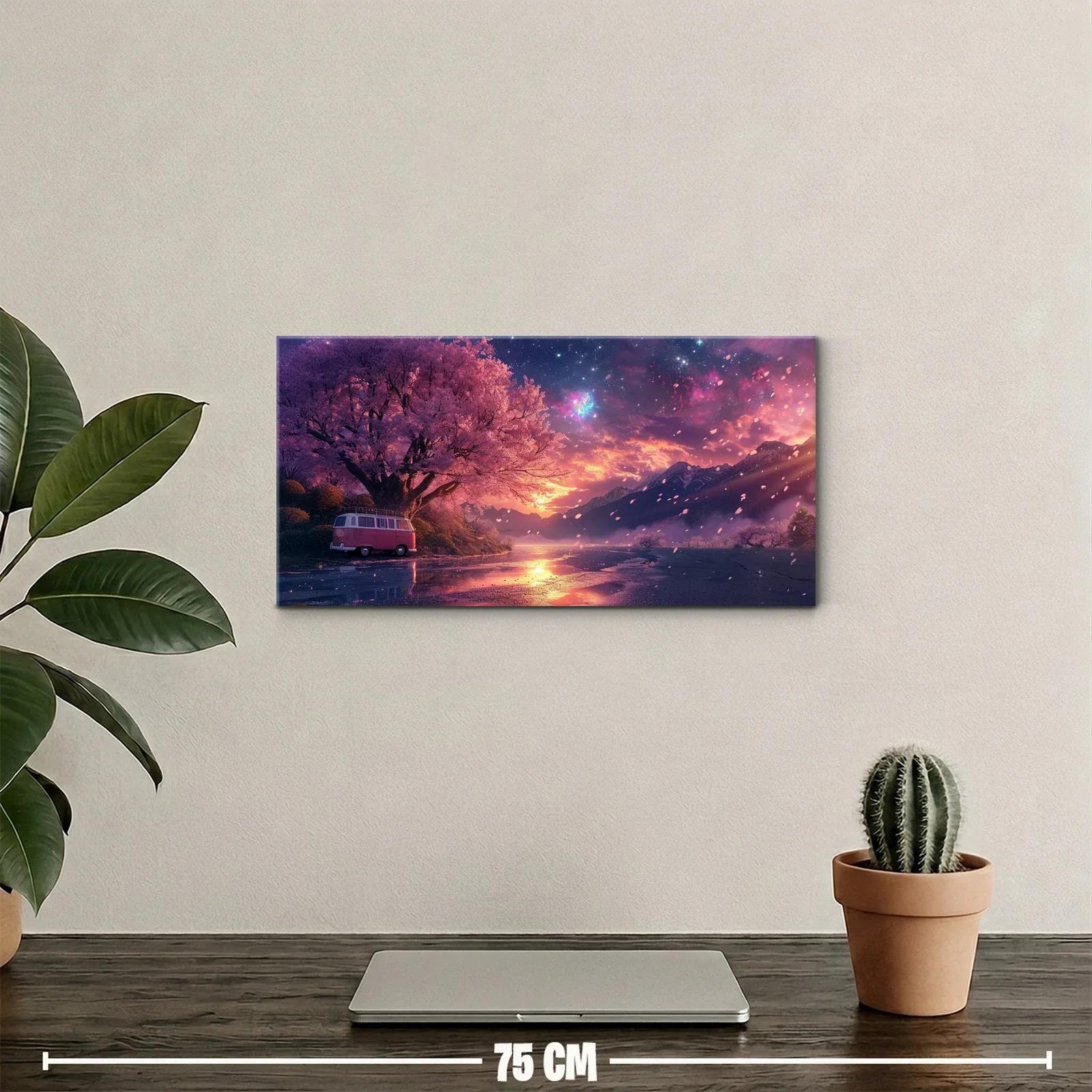 Cuadro árbol rosado con furgoneta junto al lago — miniatura 2