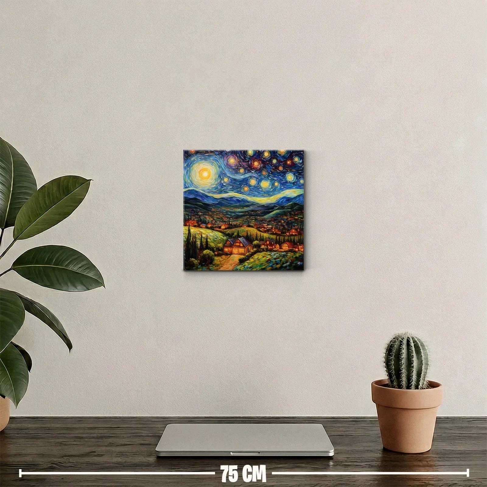 Paisaje Nocturno con Estrellas y Casas Iluminadas — miniatura 2