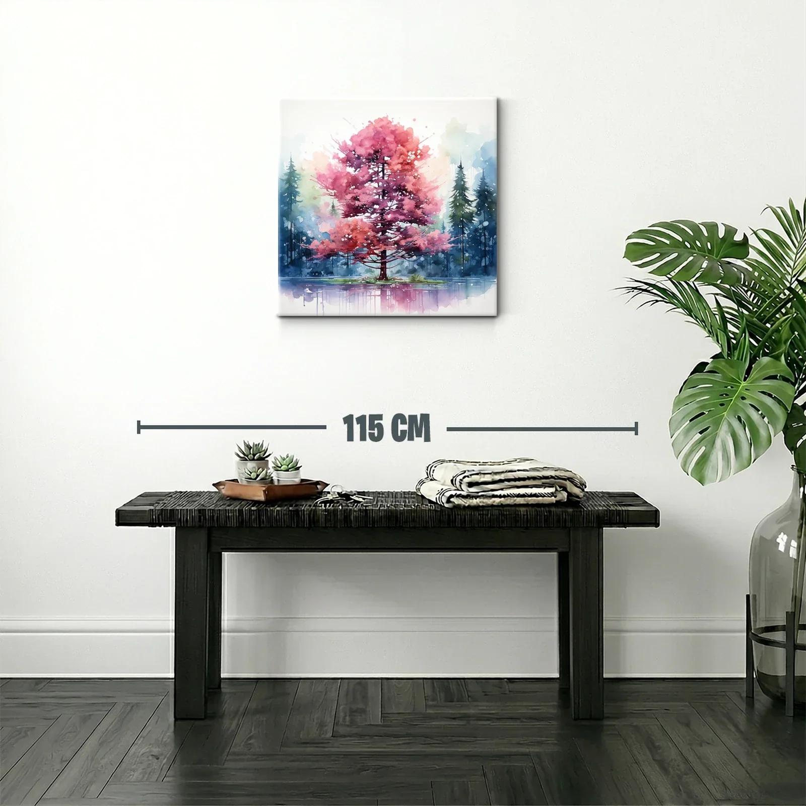 Árbol rosa en lago con fondo de pinos azules y verdes — miniatura 2