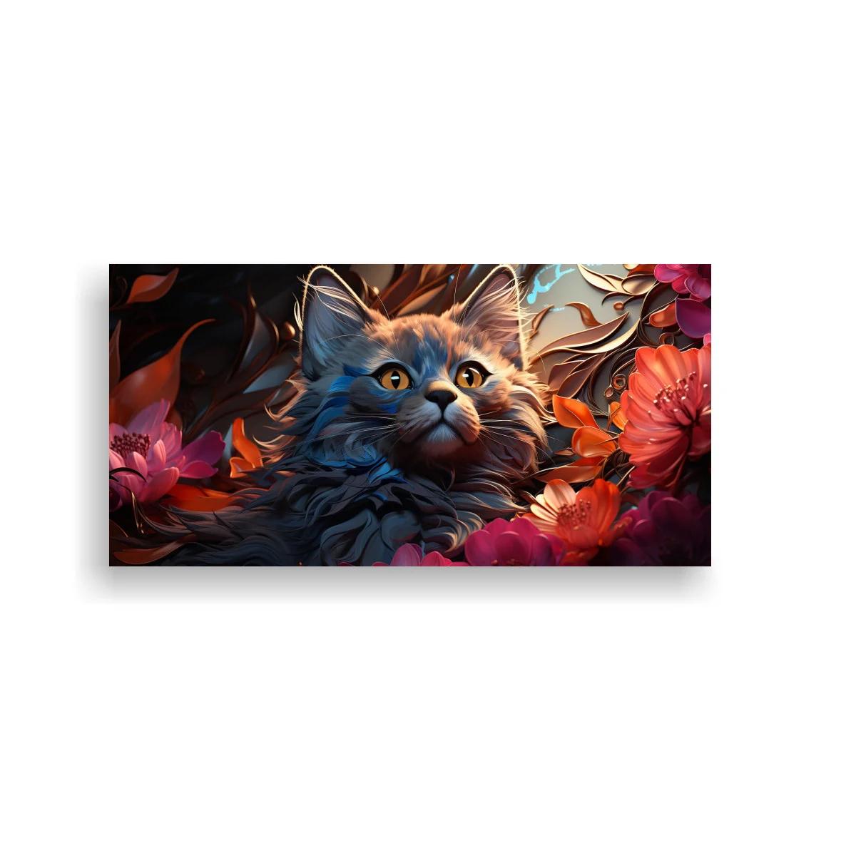 Cuadro gato de pelo largo entre flores y follaje — imagen principal