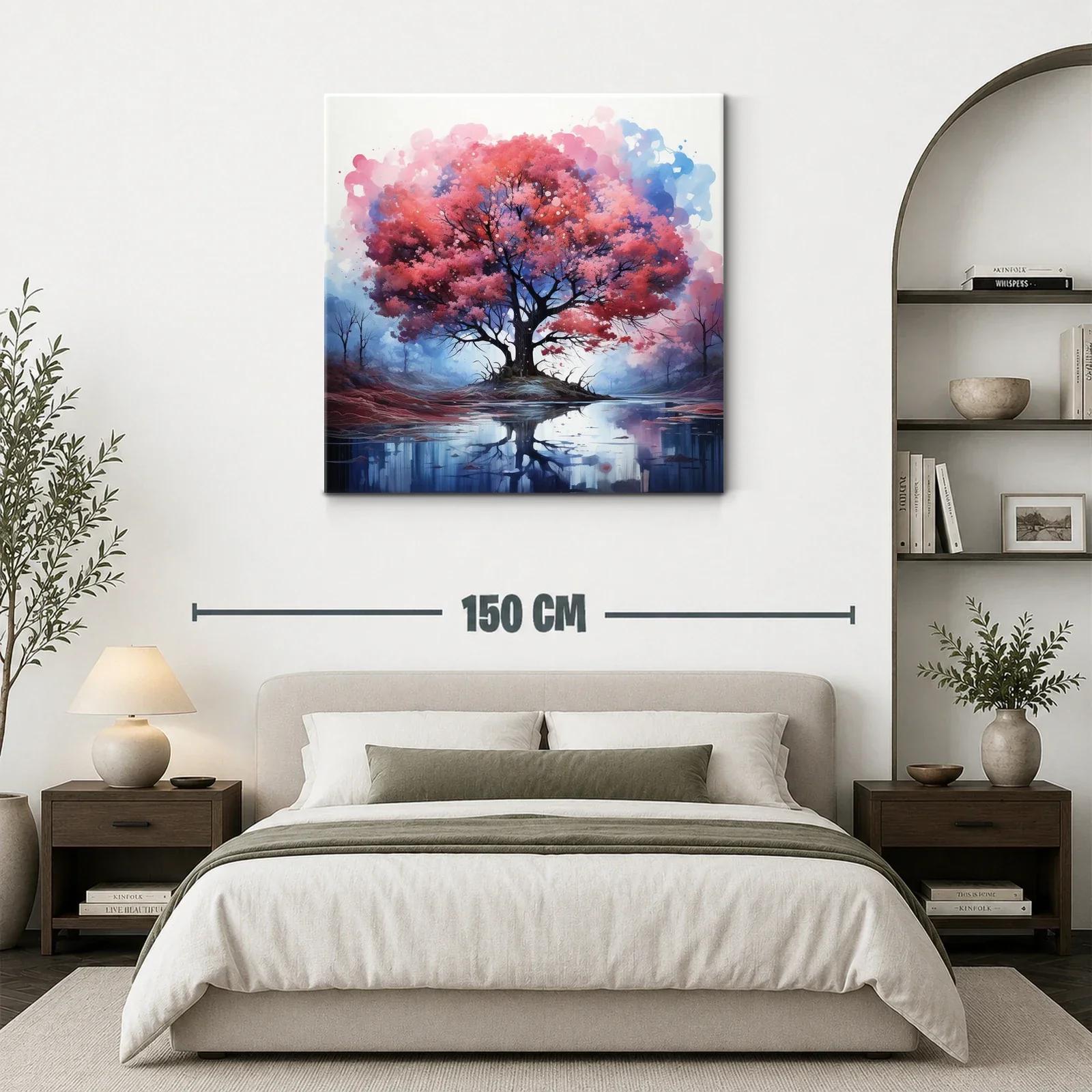 Árbol rojo reflejado en lago sereno con tonos azules — miniatura 3