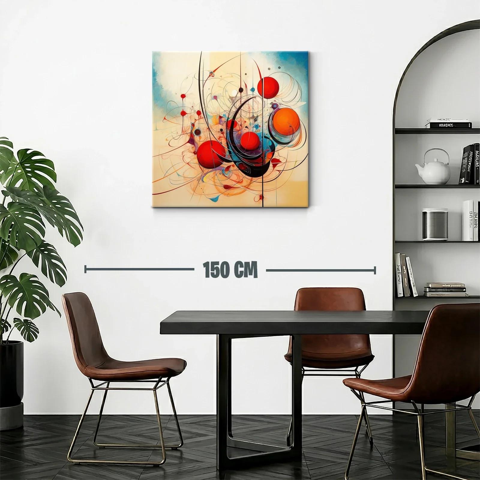 Cuadro abstracto con esferas rojas y trazos curvos dinámicos — miniatura 2