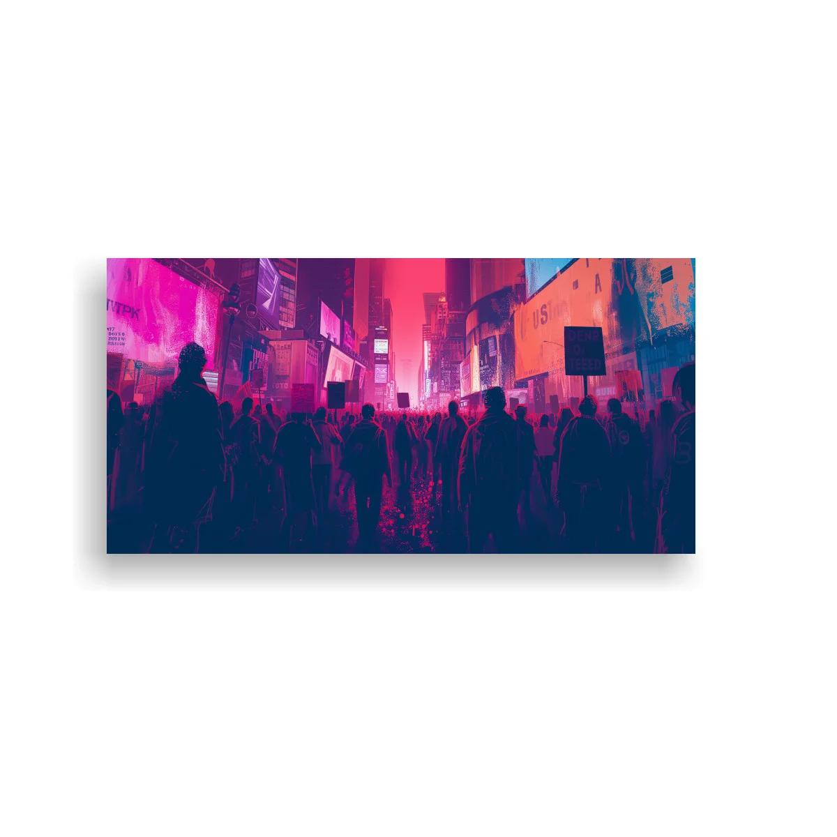 Cuadro multitud urbana con siluetas y carteles luminosos — imagen principal