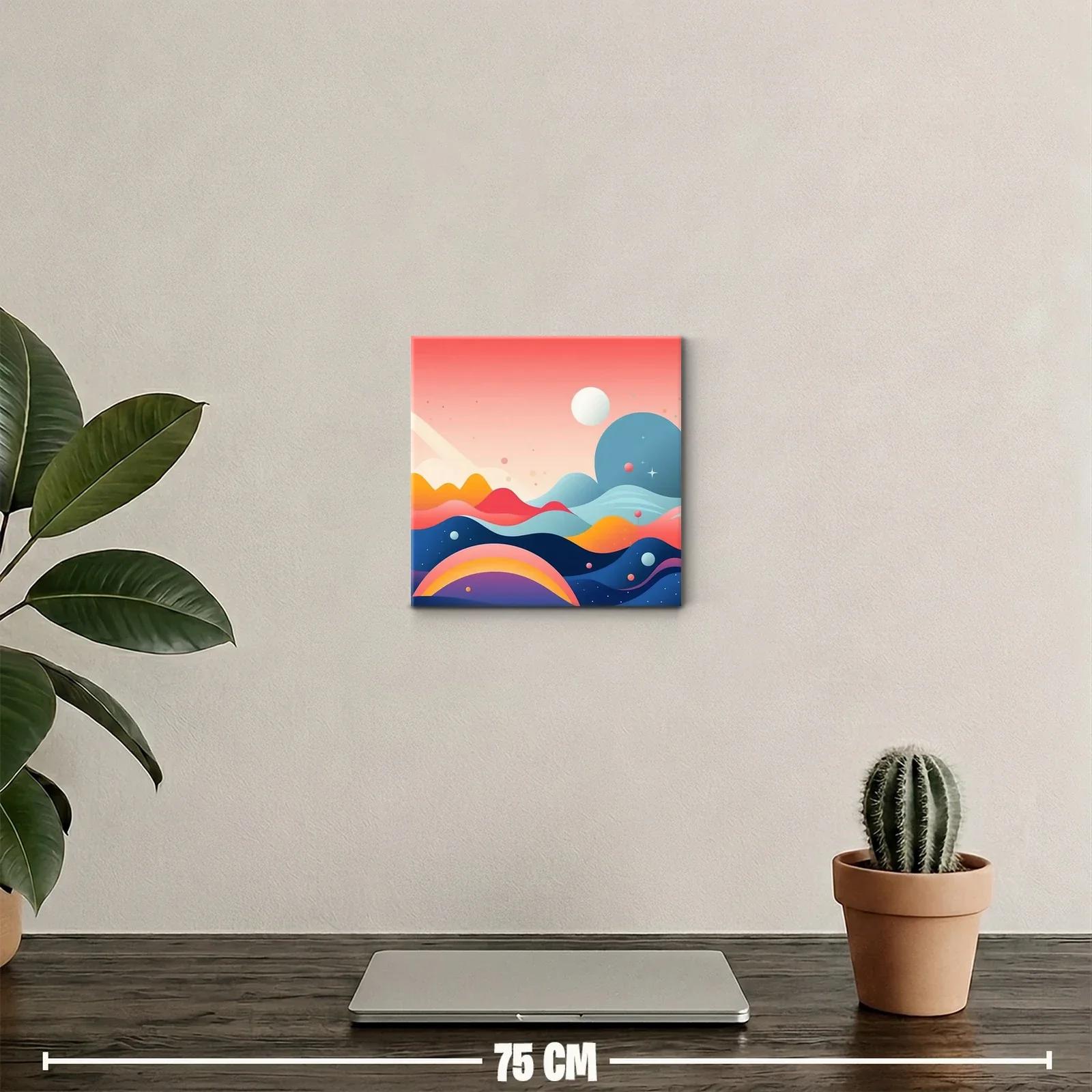 Cuadro abstracto con montañas y planetas en tonos vibrantes — miniatura 2