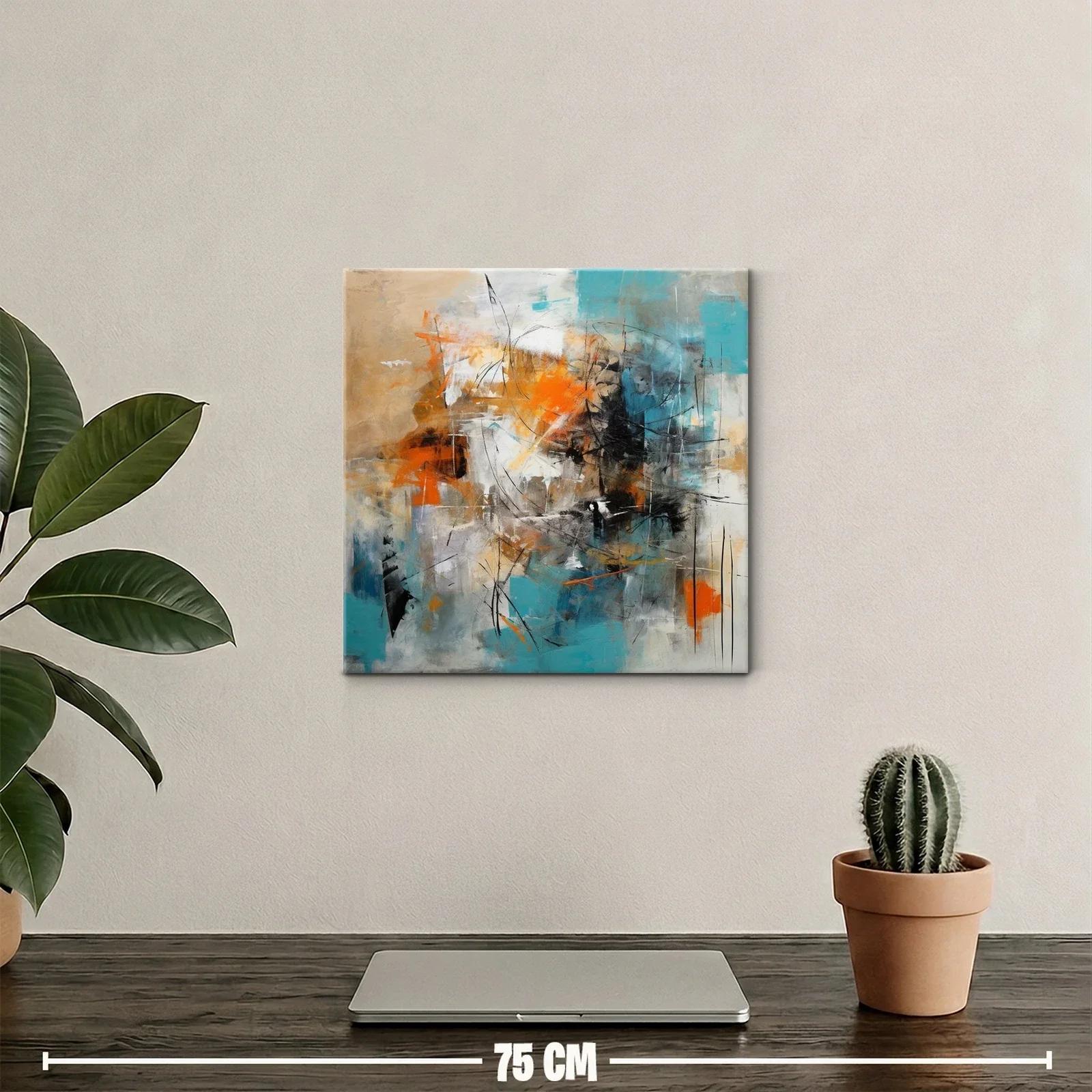 Cuadro abstracto con toques en turquesa y naranja vibrante — miniatura 2
