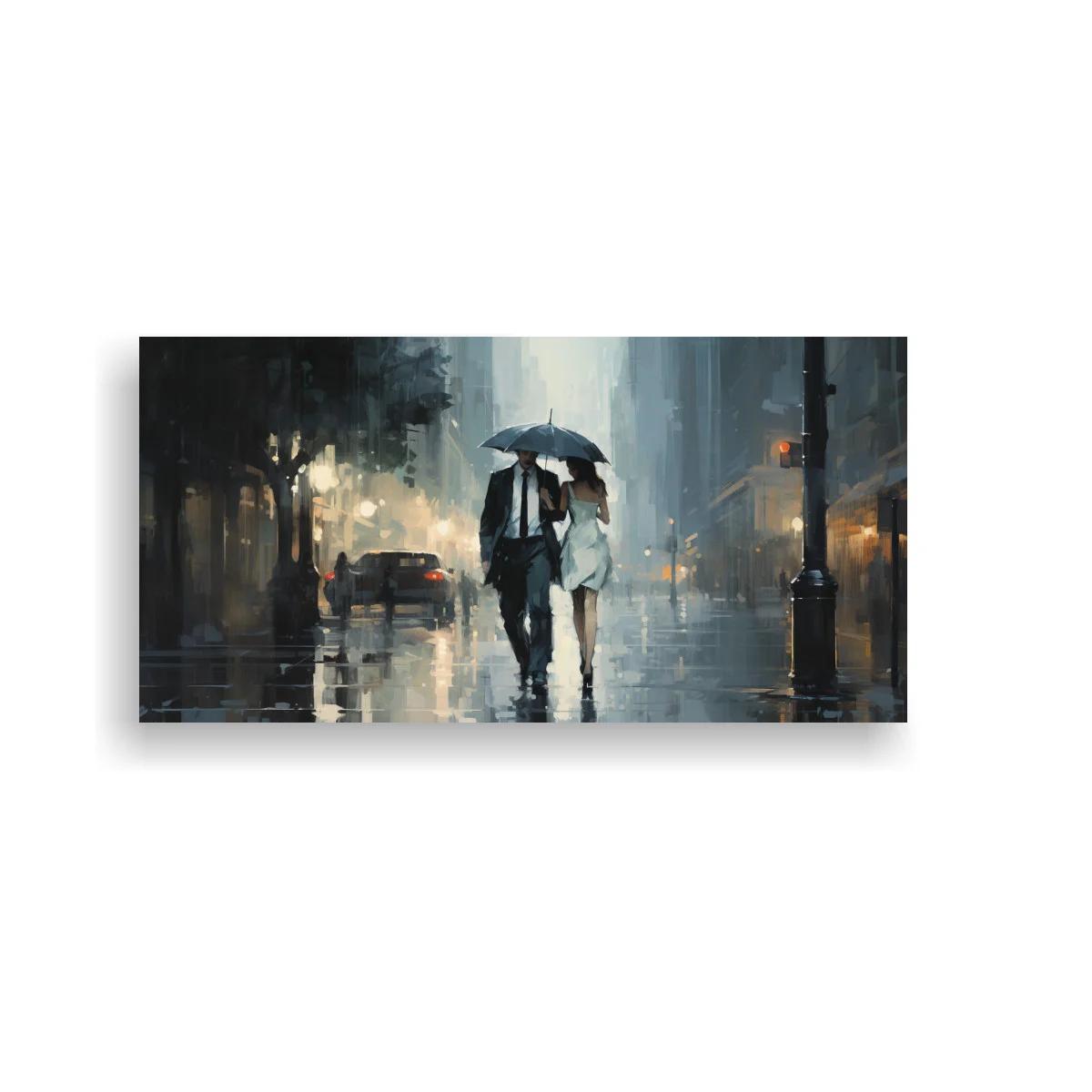 Cuadro pareja caminando bajo un paraguas con reflejos y luces — imagen principal