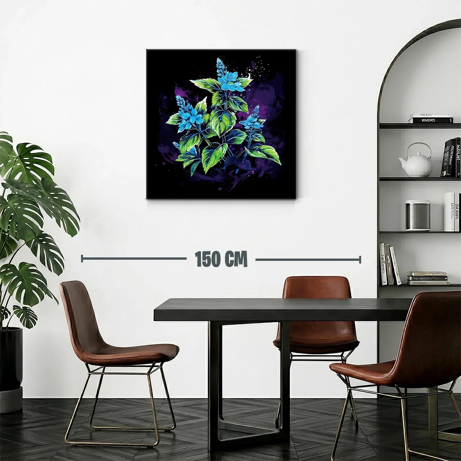 Cuadro con flores azules y hojas verdes sobre fondo oscuro — miniatura 2