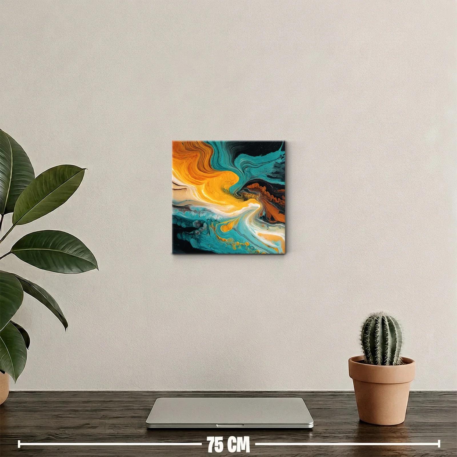 Cuadro abstracto con tonos turquesa y naranja vibrante — miniatura 2