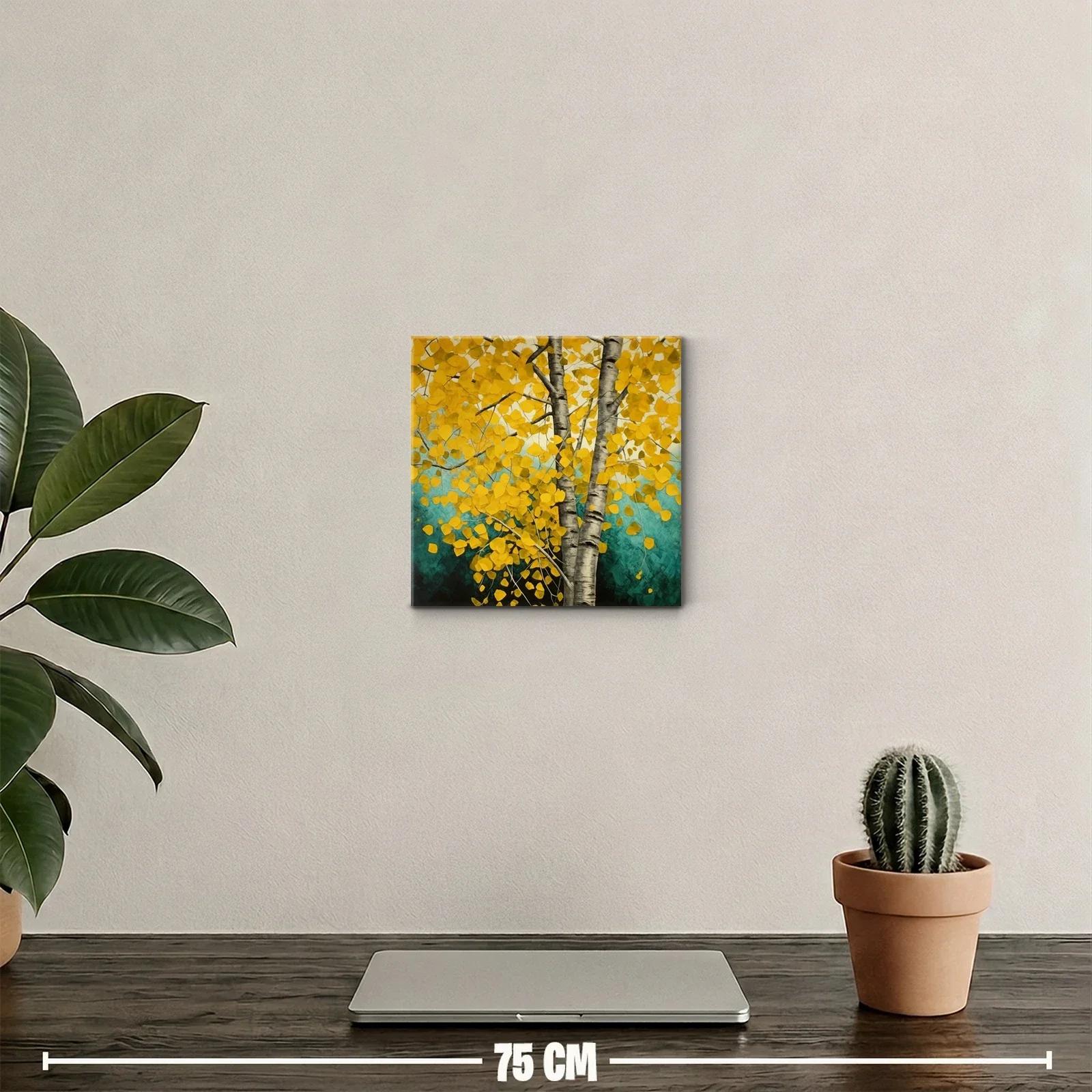 Árbol de hojas doradas con tronco plateado en fondo turquesa — miniatura 2