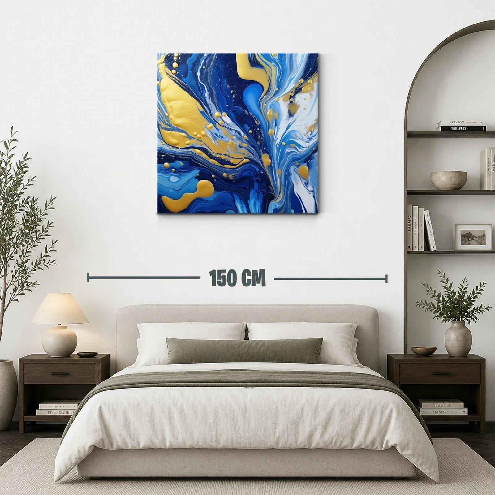 Cuadro abstracto en tonos azules con detalles dorados brillantes — miniatura 3